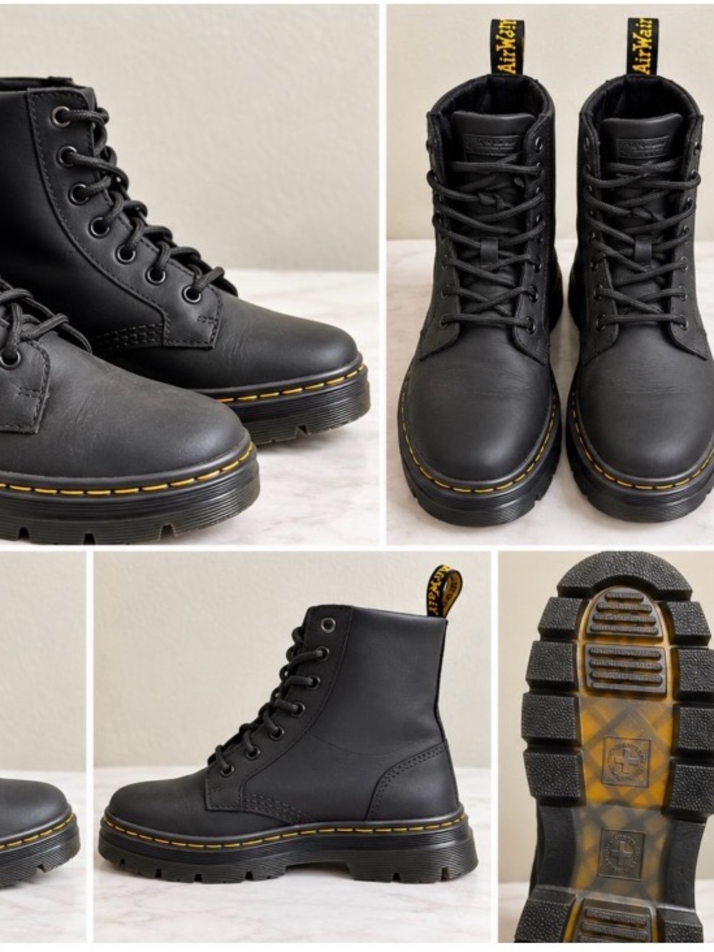 Dr. Martens Black Leather Lace-Up Combat Boots with Yellow Stitching